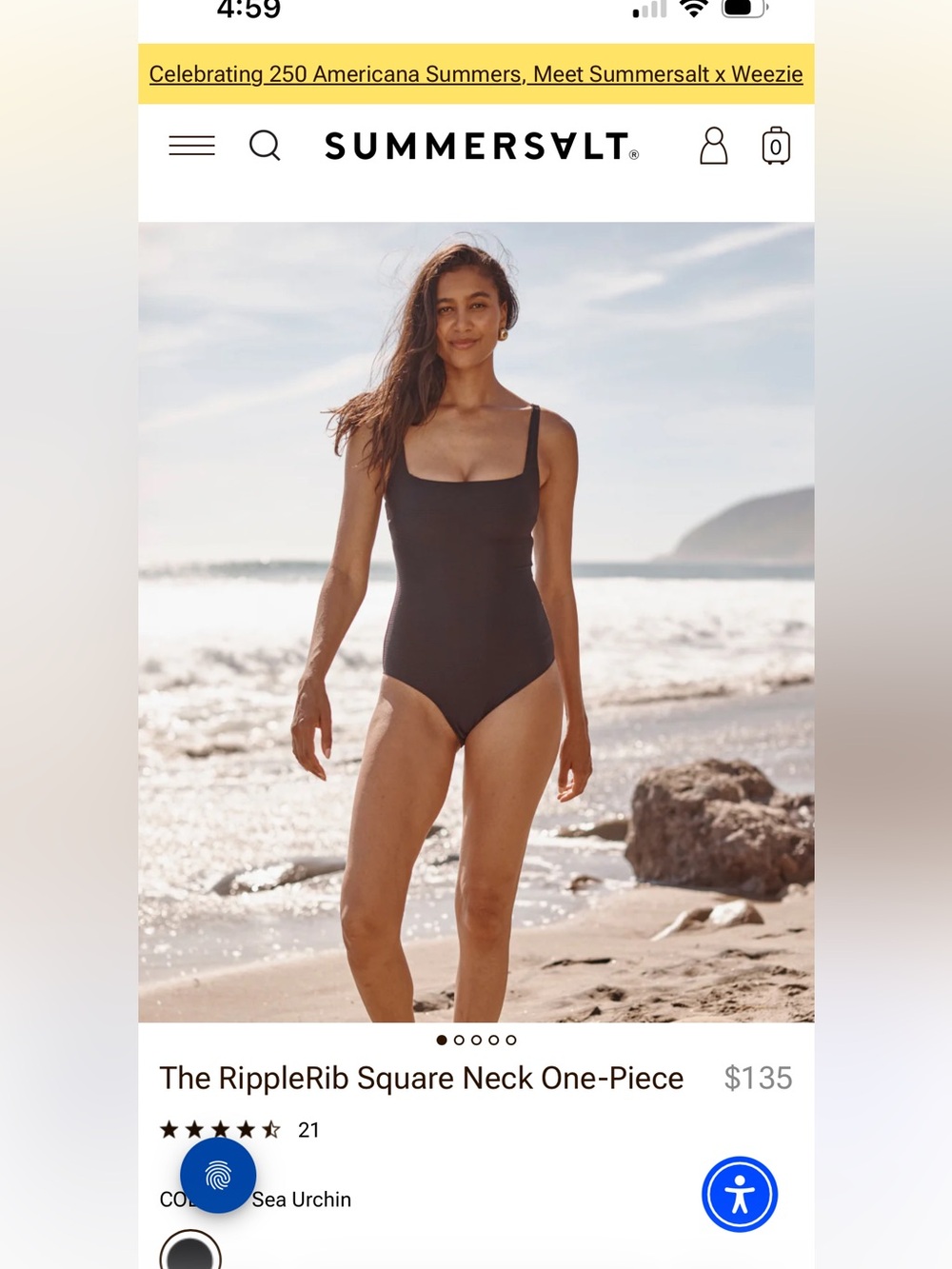 Summersalt Black The RippleRib Square-Neck One-Piece Swimsuit Size 8 NWT